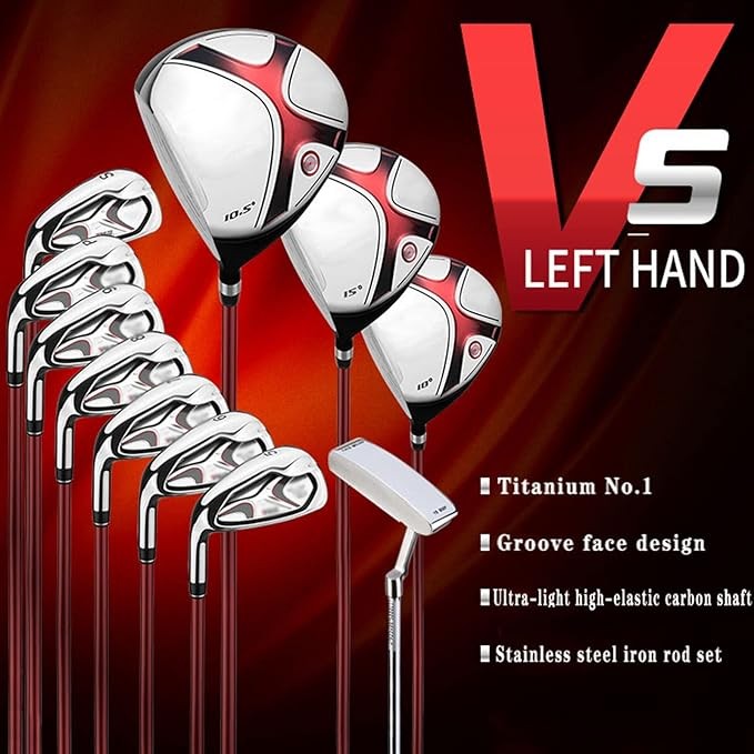 Men's Complete Golf Club Package Sets, Ultra Light Graphite Carbon Steel Shaft, High Rebound Casting Titanium Alloy No.1 Wood, 11 Piece Set - Left Handed