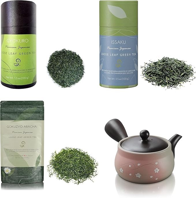 Gyokuro, Issaku and Gokuzyo Aracha teas and Japanese Teapot Tokoname Kyusu Set from Japanese Green Tea Co – Premium Japanese Green Tea Assortment – Delicate Flavor